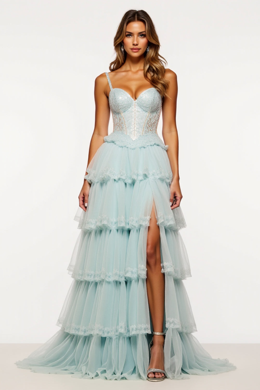 A Line Light Blue Tiered Tulle Long Corset Prom Dress with Slit