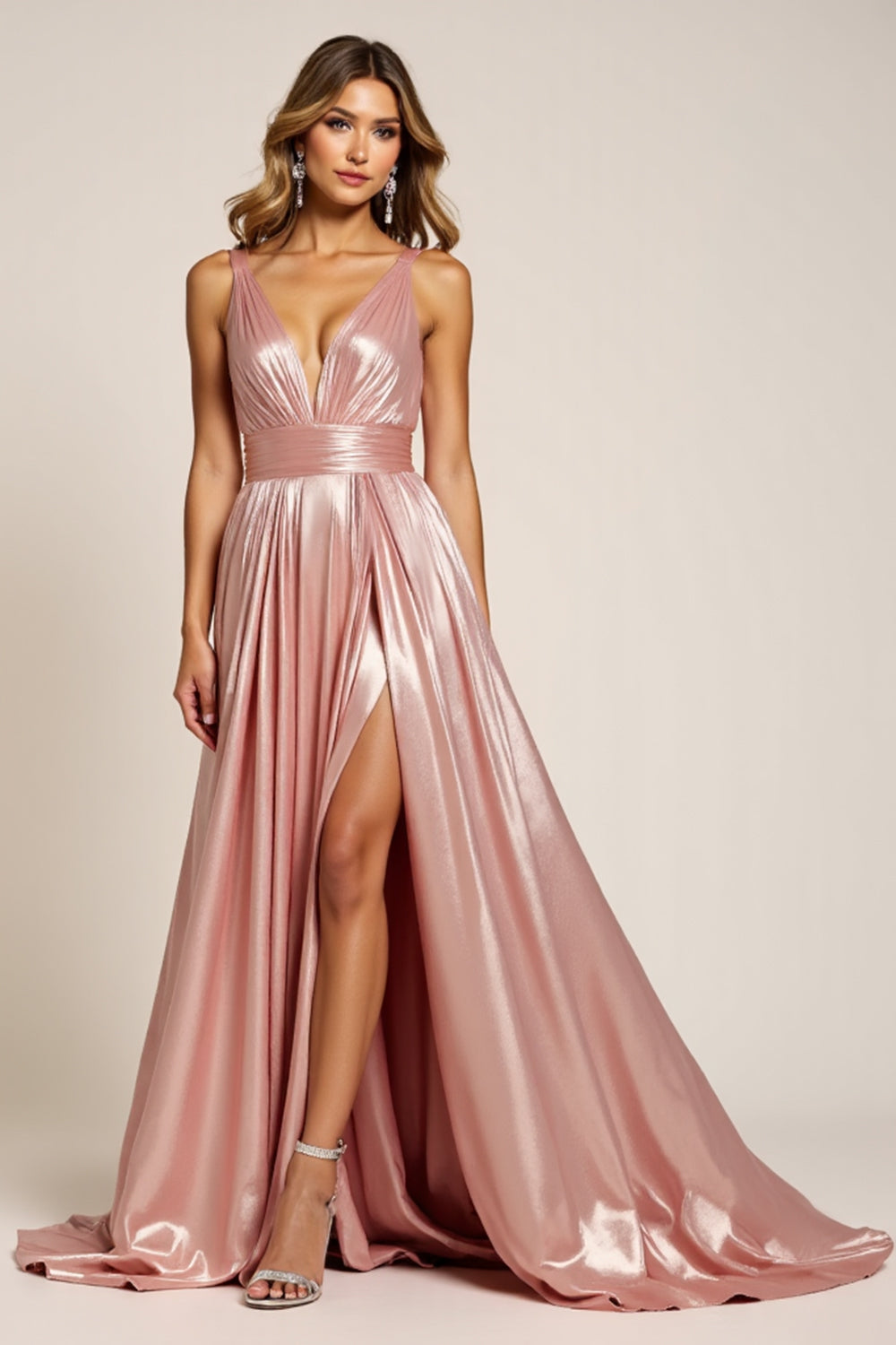 Metallic Dusty Rose V-Neck A Line Long Satin Prom Dress with Slit