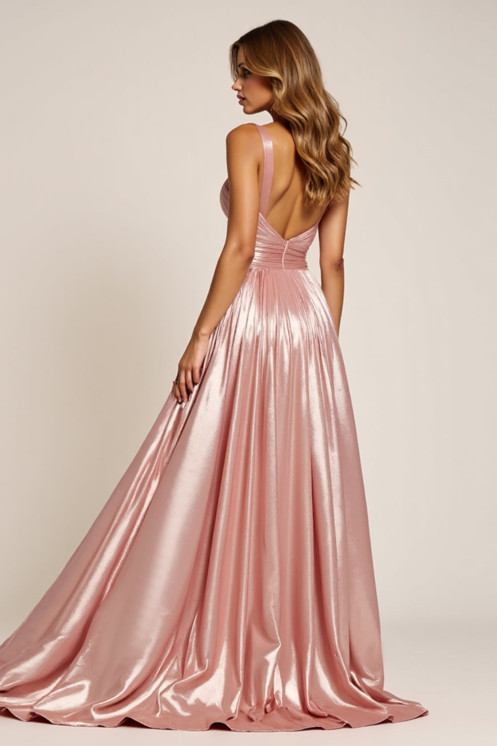 Metallic Dusty Rose V-Neck A Line Long Satin Prom Dress with Slit