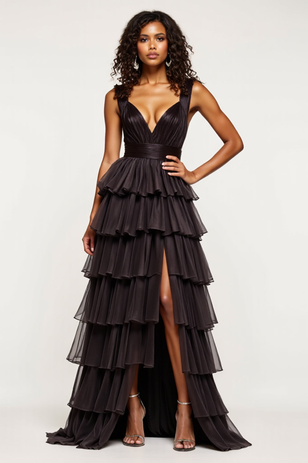 V Neck Black A Line Tiered Maxi Tulle Prom Dress with Slit