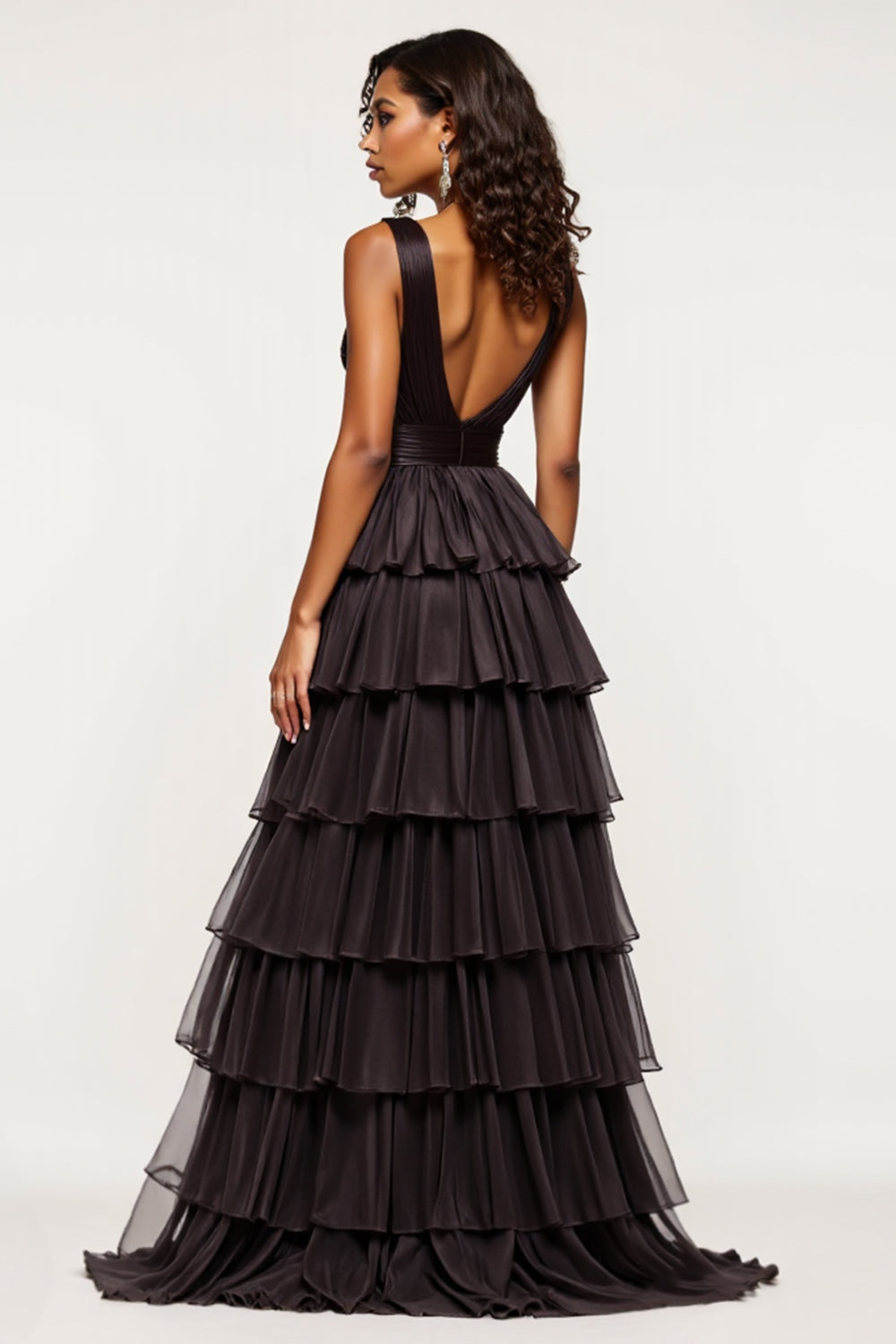 V Neck Black A Line Tiered Maxi Tulle Prom Dress with Slit