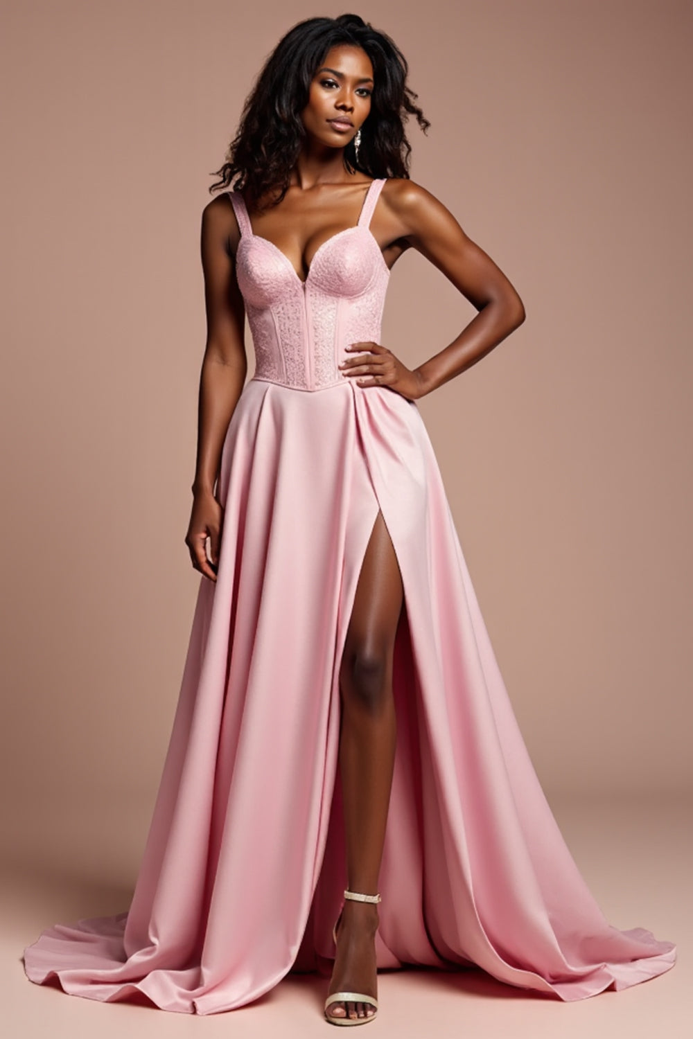 Corset Pink A Line Long Prom Dress with High Slit