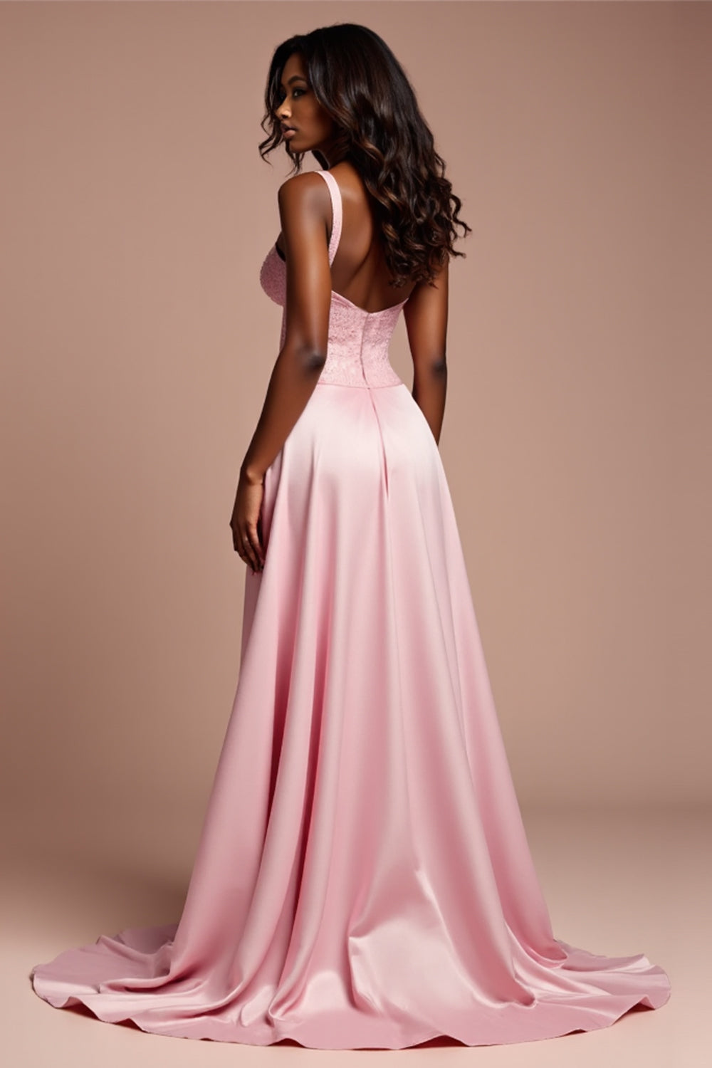 Corset Pink A Line Long Prom Dress with High Slit