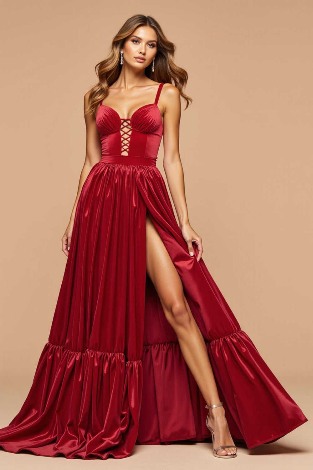 Dark Red A Line Satin Lace Up Maxi Prom Dress with Slit