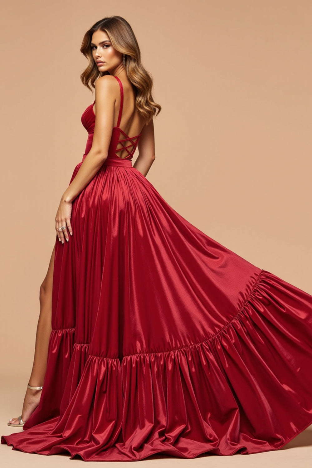 Dark Red A Line Satin Lace Up Maxi Prom Dress with Slit
