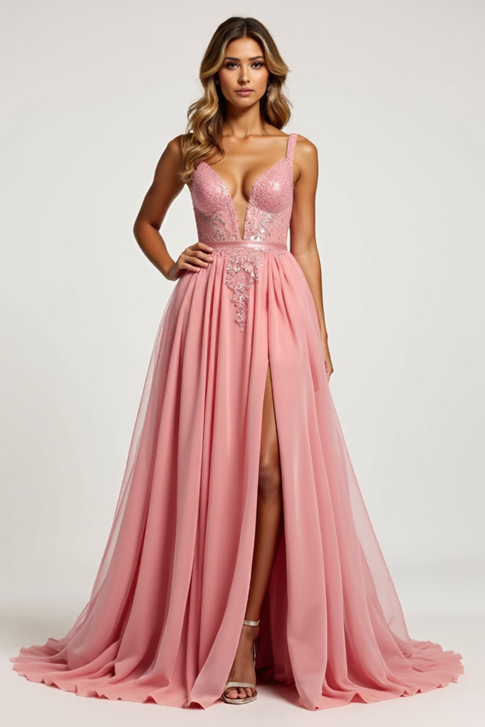 Pink A Line Tulle V-Neck Appliqued Long Prom Dress with slit