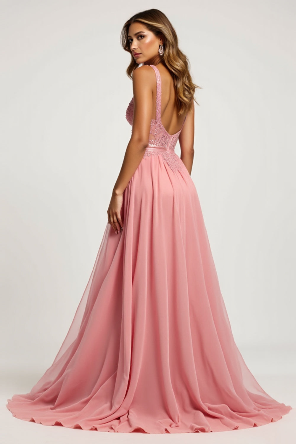 Pink A Line Tulle V-Neck Appliqued Long Prom Dress with slit