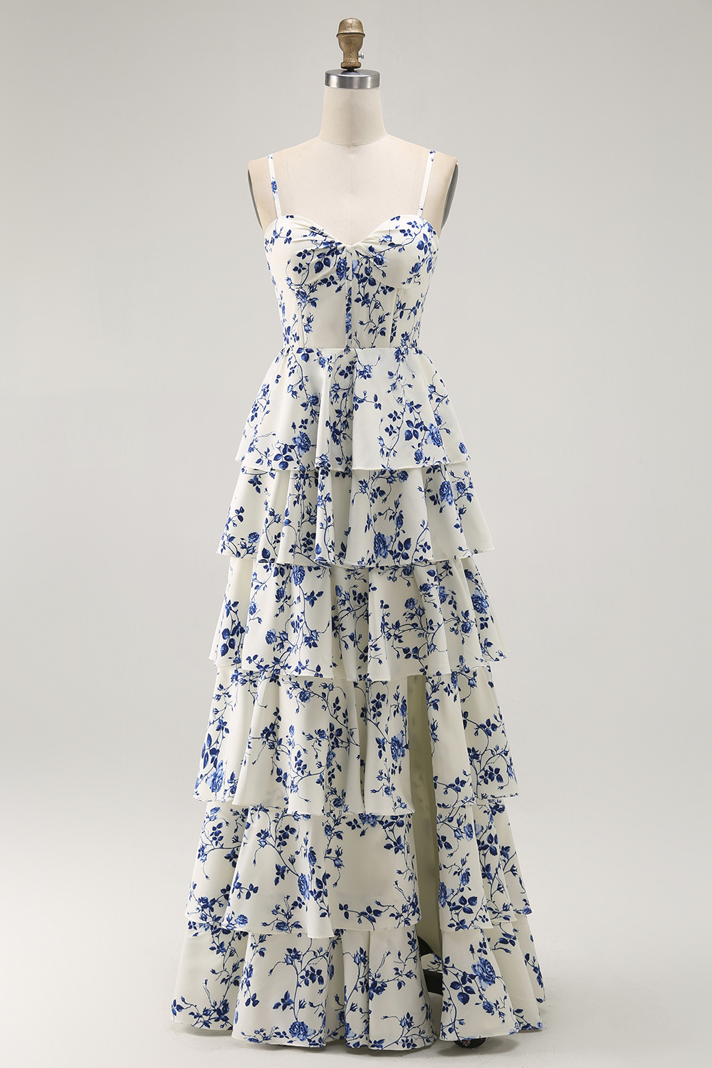 Blue Flower Chiffon Tiered Long Floral Prom Dress with Slit