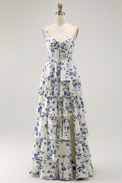 Blue Flower Chiffon Tiered Long Floral Prom Dress with Slit