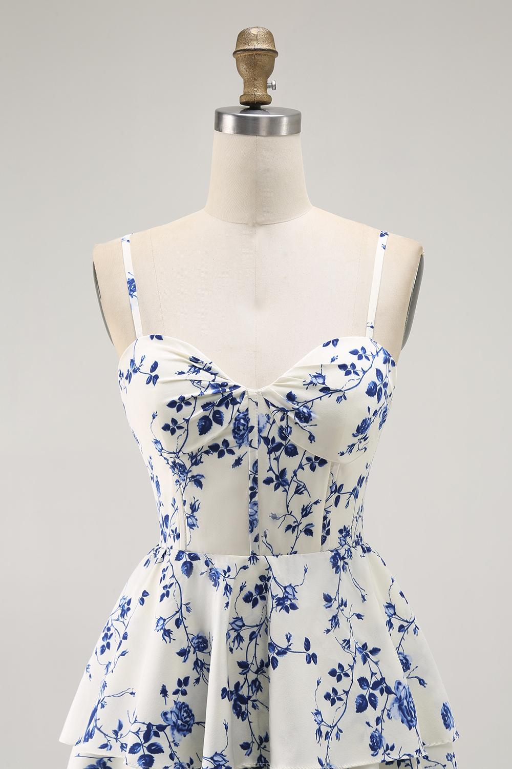 Blue Floral Chiffon Tiered Long A Line Prom Dress with Slit