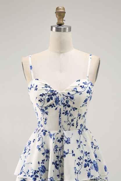 Blue Floral Chiffon Tiered Long A Line Prom Dress with Slit