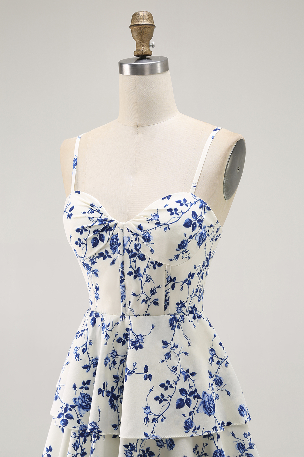 Blue Floral Chiffon Tiered Long A Line Prom Dress with Slit