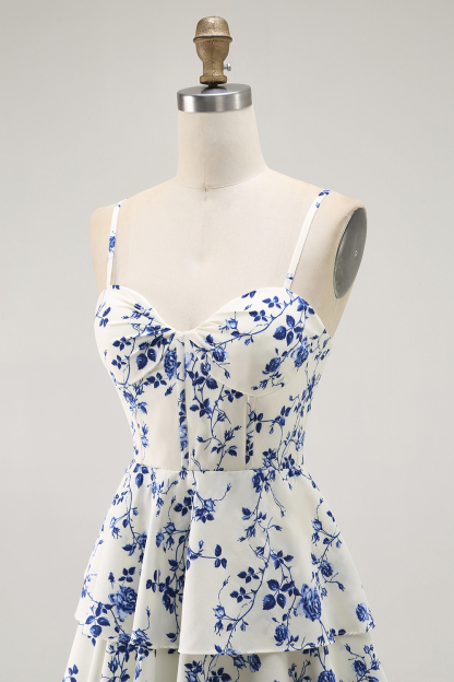 Blue Floral Chiffon Tiered Long A Line Prom Dress with Slit