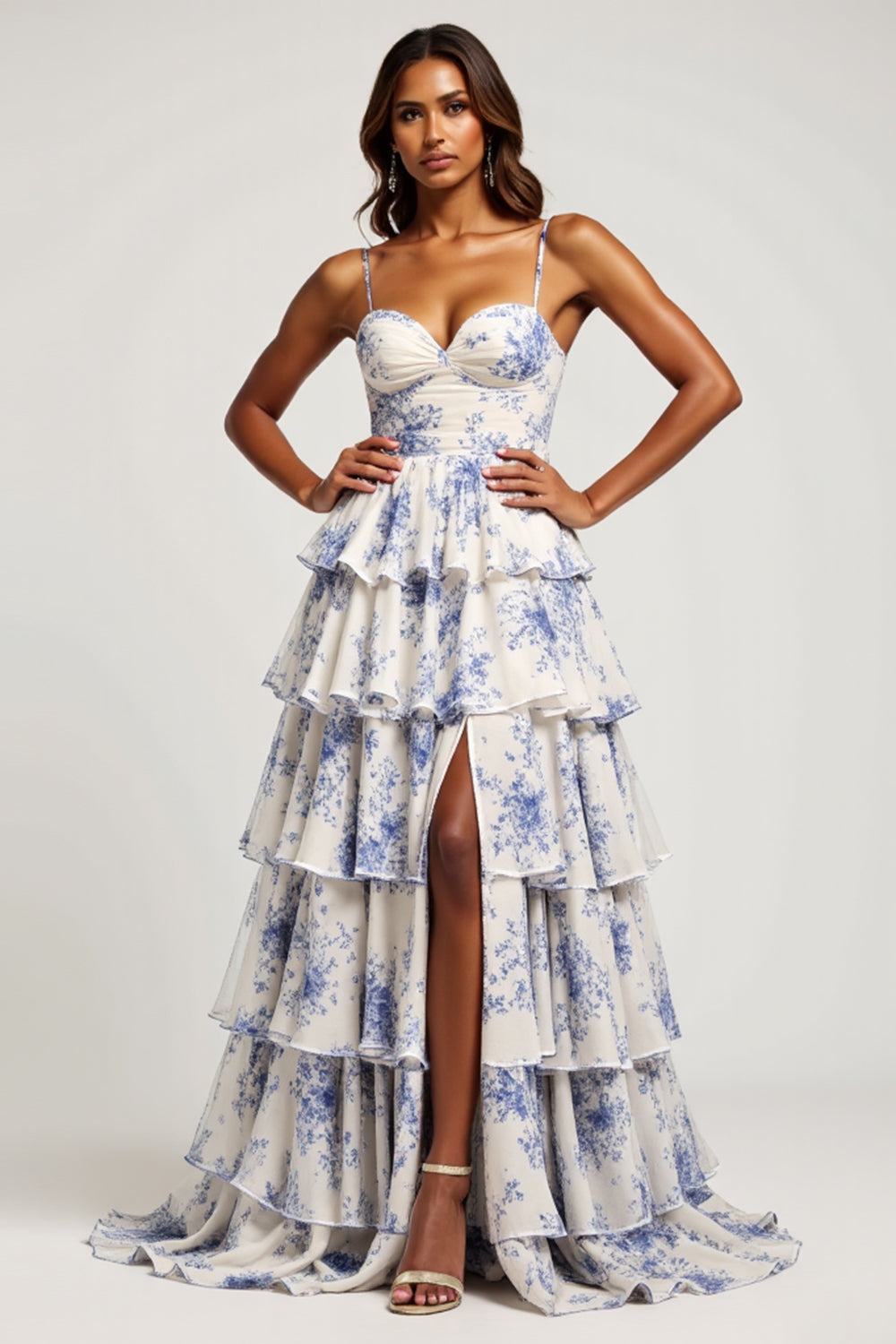 Blue Flower Chiffon Tiered Long Floral Prom Dress with Slit