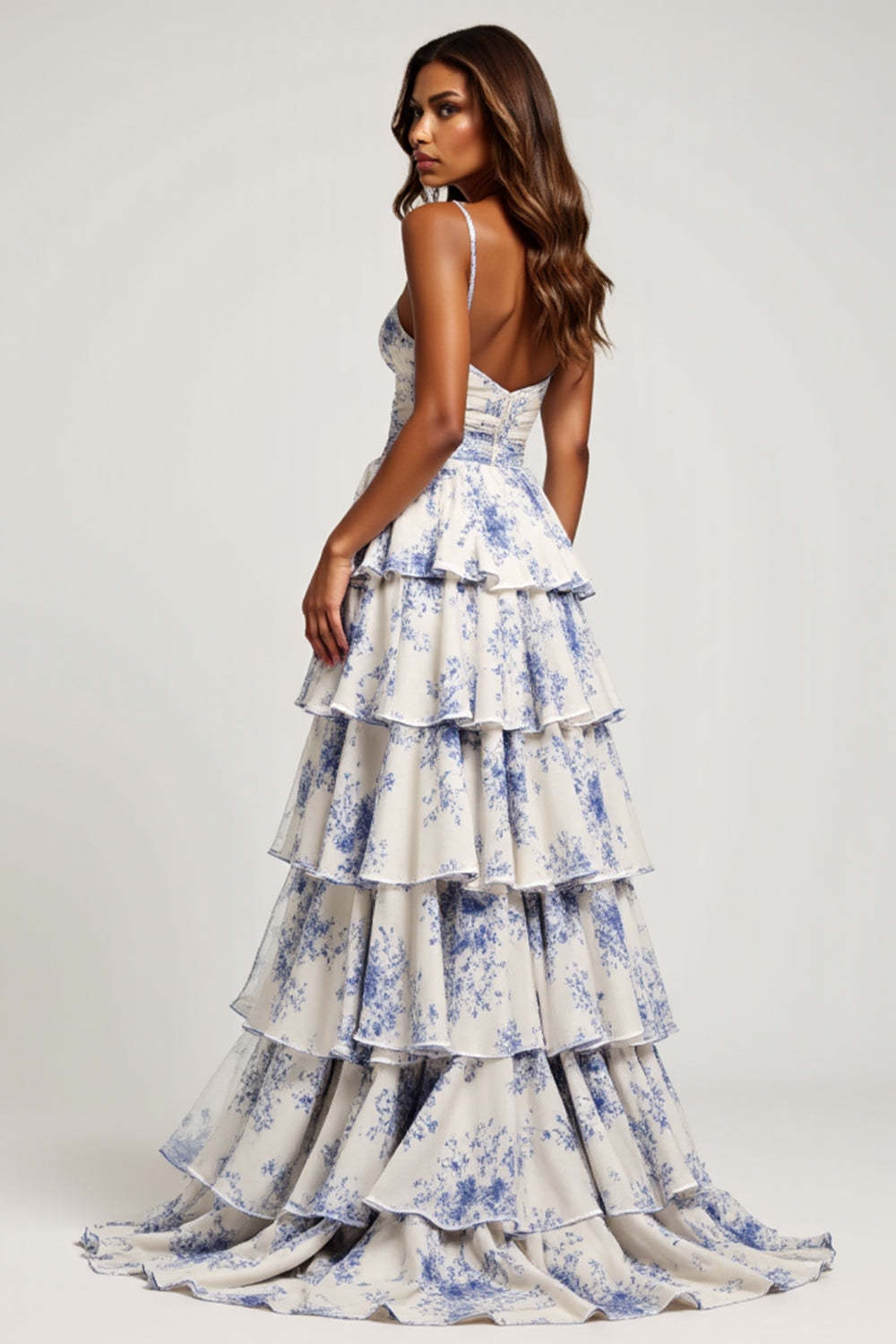 Blue Flower Chiffon Tiered Long Floral Prom Dress with Slit