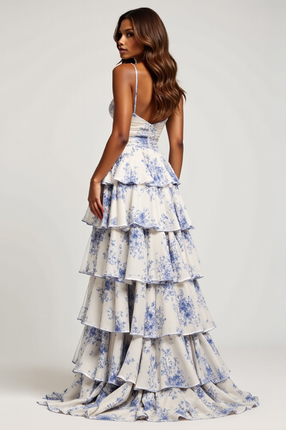 Blue Flower Chiffon Tiered Long Floral Prom Dress with Slit