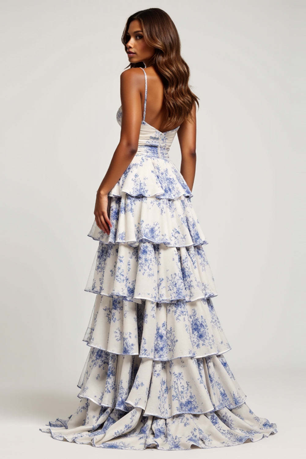 Blue Flower Chiffon Tiered Long Floral Prom Dress with Slit