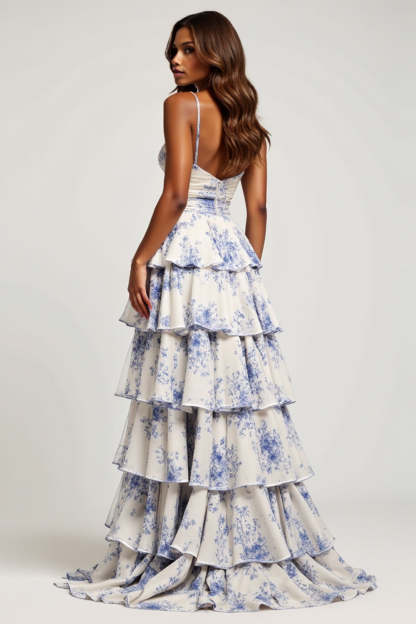 Blue Flower Chiffon Tiered Long Floral Prom Dress with Slit