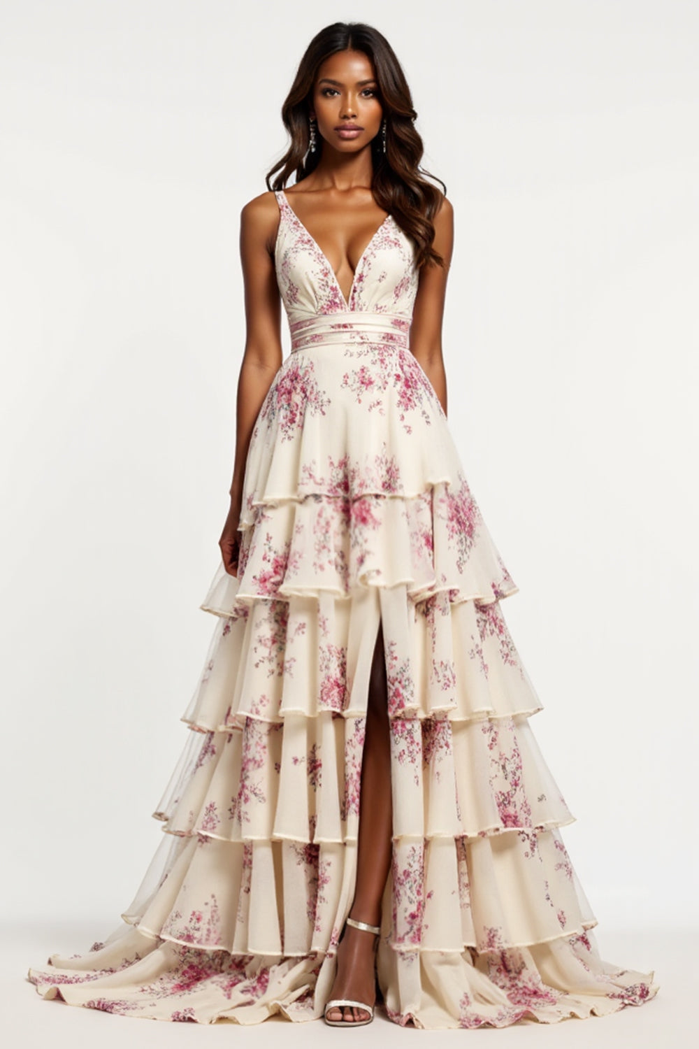 Champagne Flower Chiffon Tiered V-Neck Long Floral Prom Dress with Slit