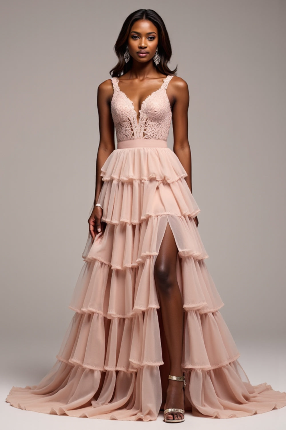 Dusty Rose Ball Gown Tiered V-Neck Long Tulle Prom Dress with Slit