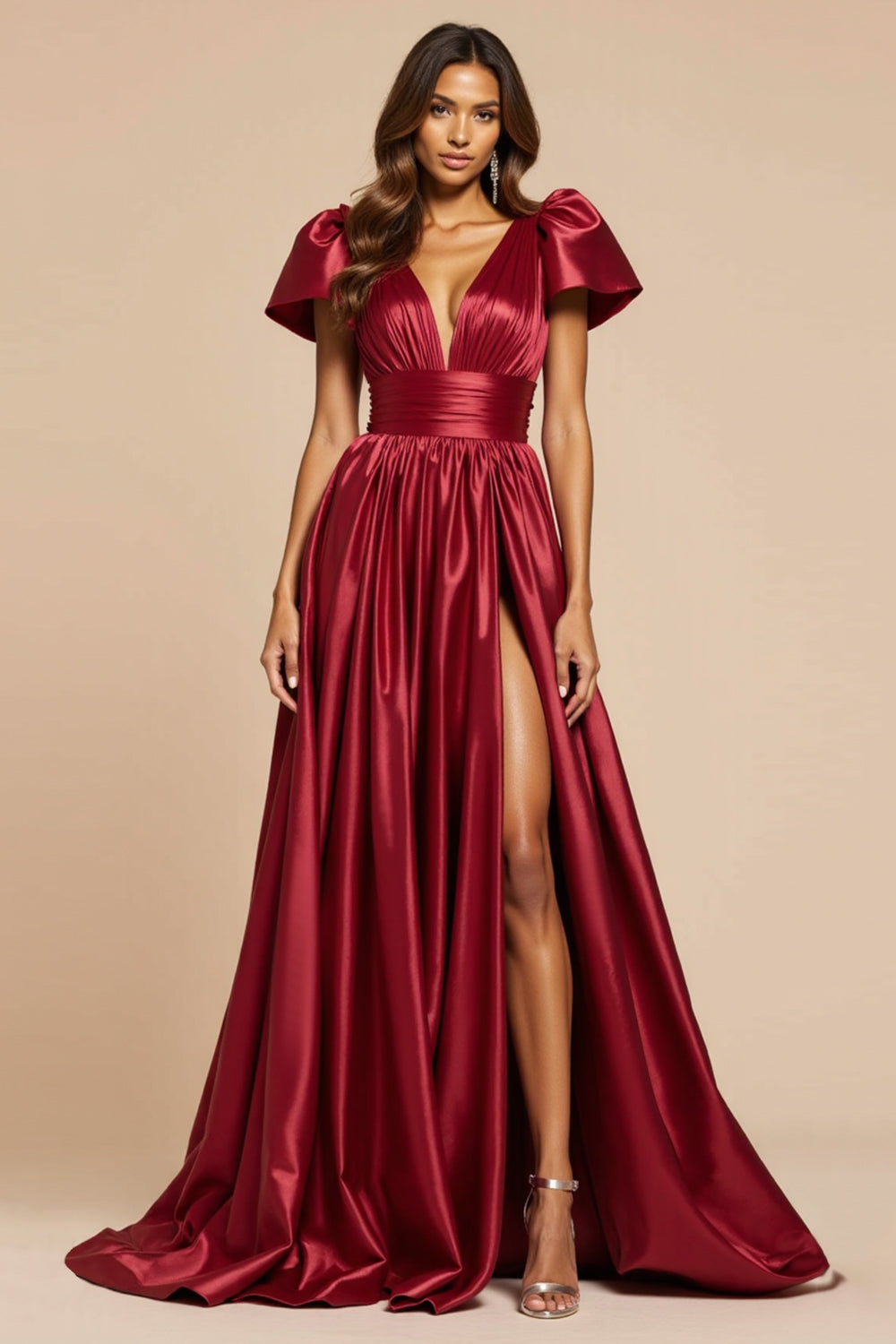 Dark Red Satin Short Sleeves Pleated V-Neck Maxi Prom Dress with Slit