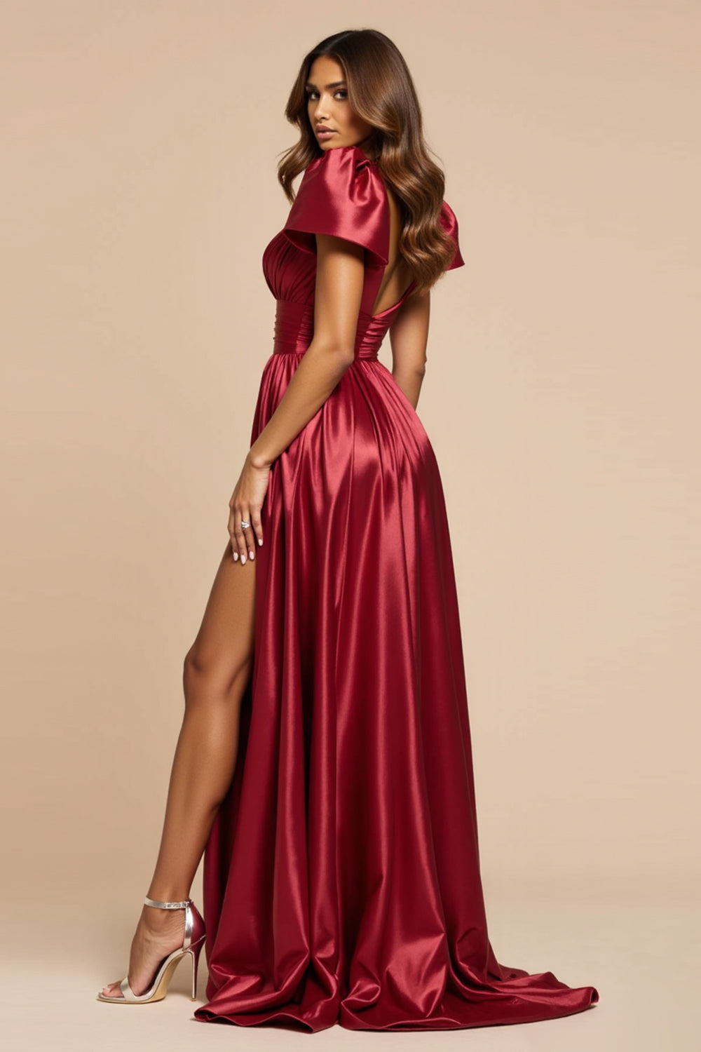 Dark Red Satin Short Sleeves Pleated V-Neck Maxi Prom Dress with Slit