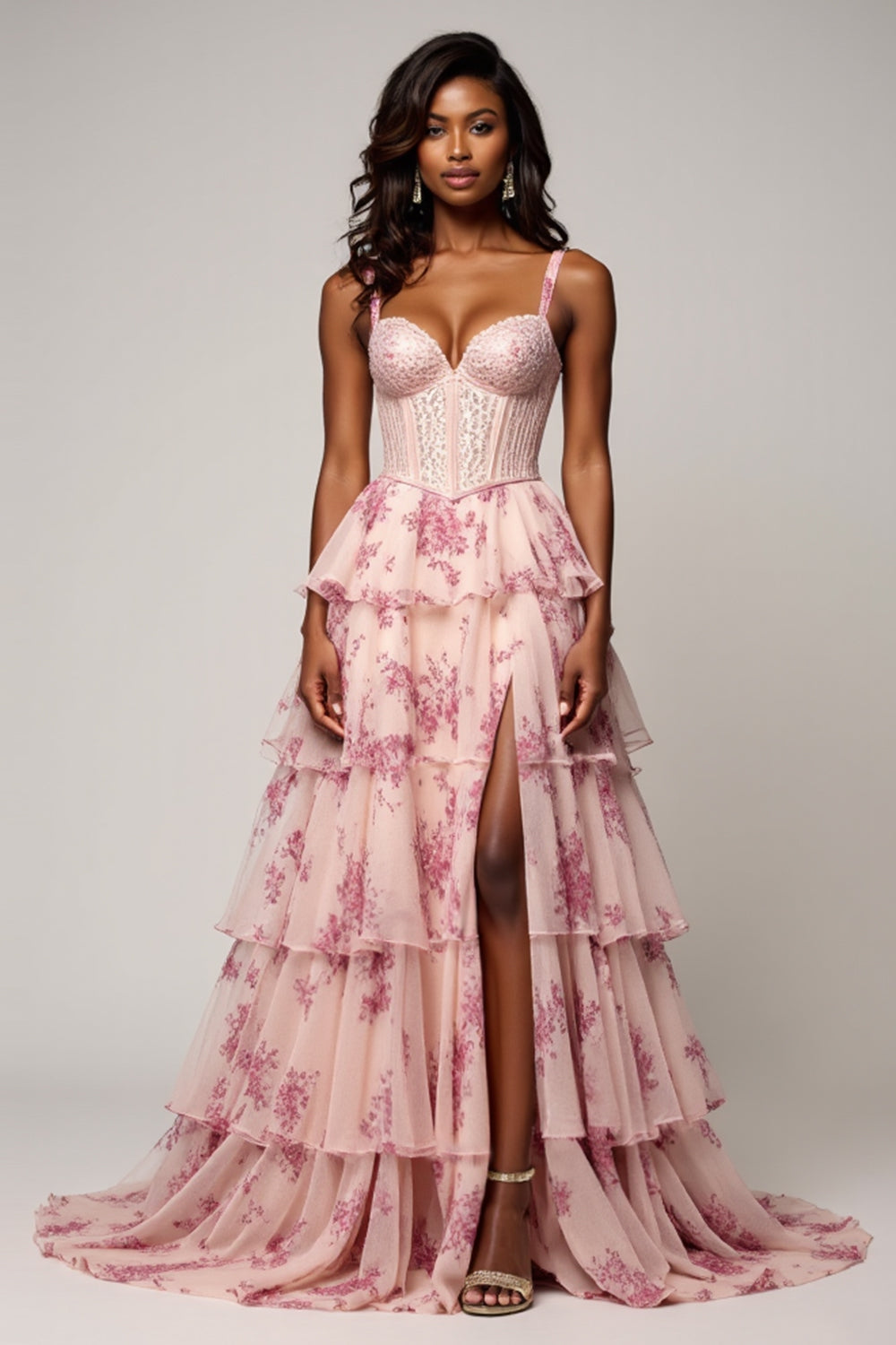 Blush Flower Chiffon Tiered Long Corset Floral Prom Dress with Slit