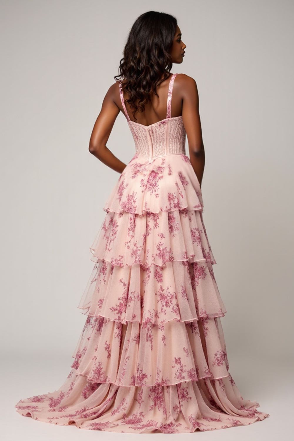 Blush Flower Chiffon Tiered Long Corset Floral Prom Dress with Slit