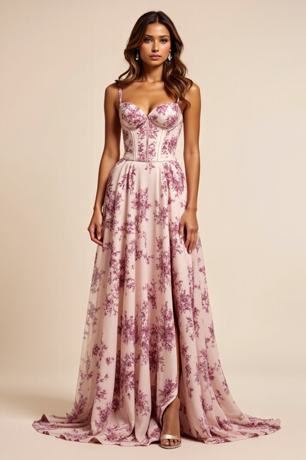 Floral Purple Corset A Line Sweetheart Maxi Prom Dress