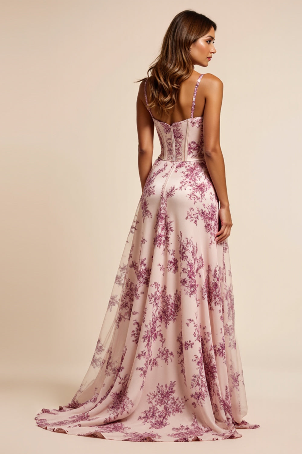 Floral Purple Corset A Line Sweetheart Maxi Prom Dress