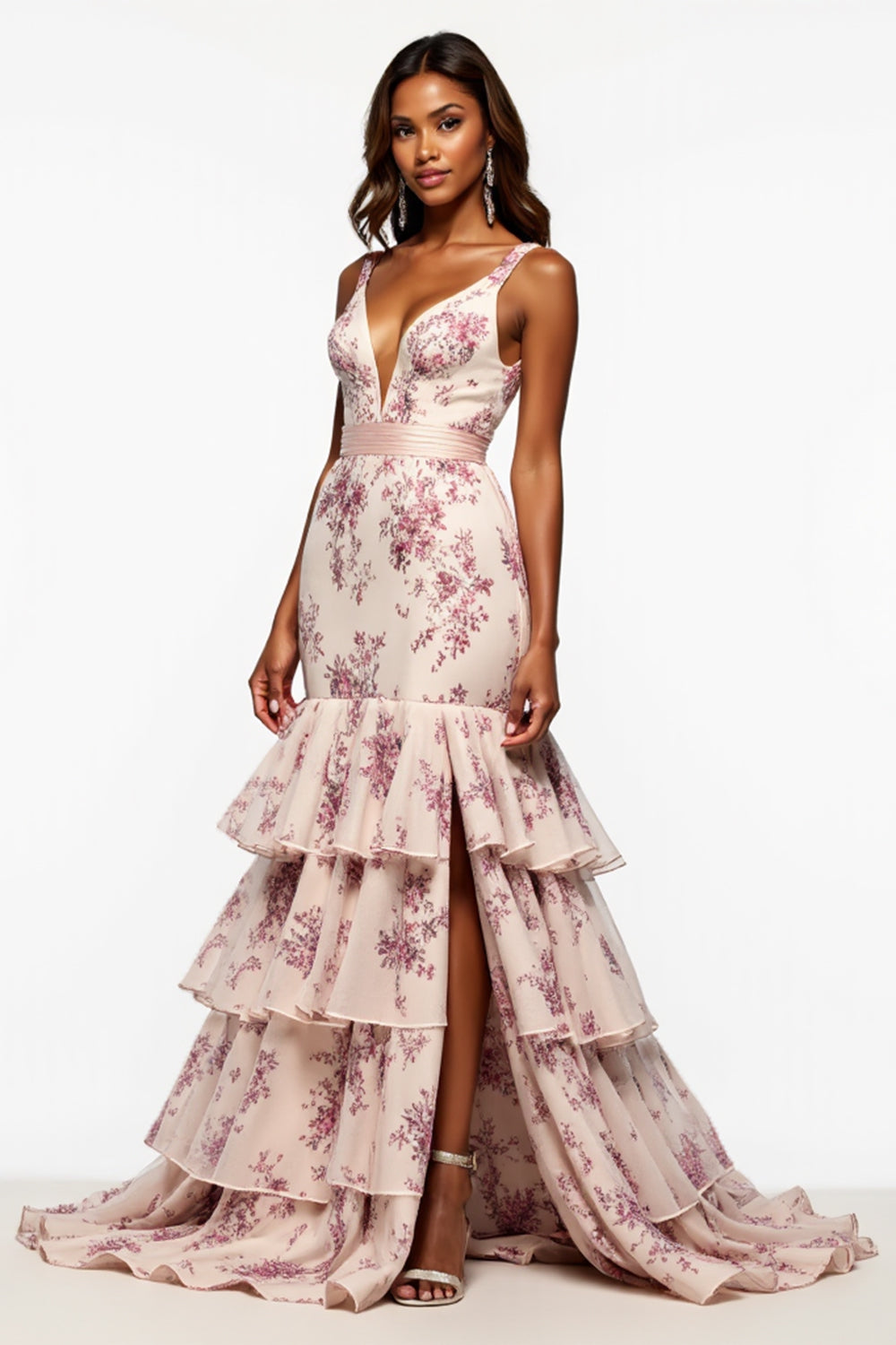 Champagne Flower Mermaid Tiered V-Neck Maxi Floral Prom Dress with Slit