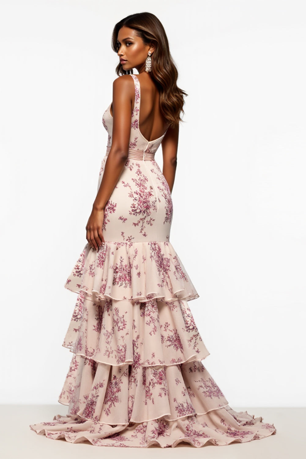 Champagne Flower Mermaid Tiered V-Neck Maxi Floral Prom Dress with Slit
