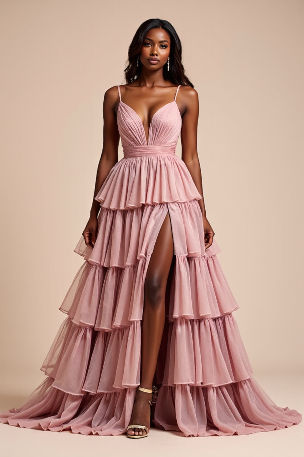 Dusty Rose A Line Tiered V-Neck Maxi Prom Dress with Slit