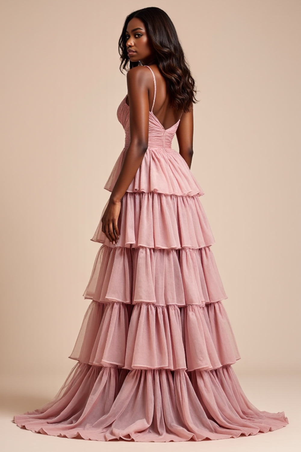 Dusty Rose A Line Tiered V-Neck Maxi Prom Dress with Slit