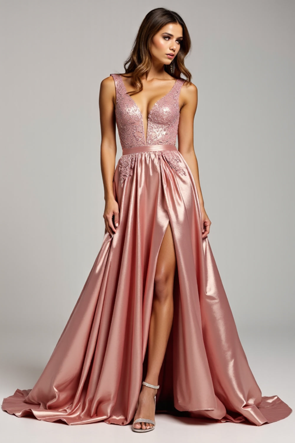 Sparkly Dusty Rose Appliqued V-Neck Long Prom Dress with Slit