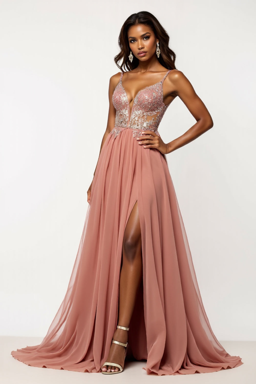 Dusty Rose A Line Tulle V-Neck Maxi Prom Dress with Sequins