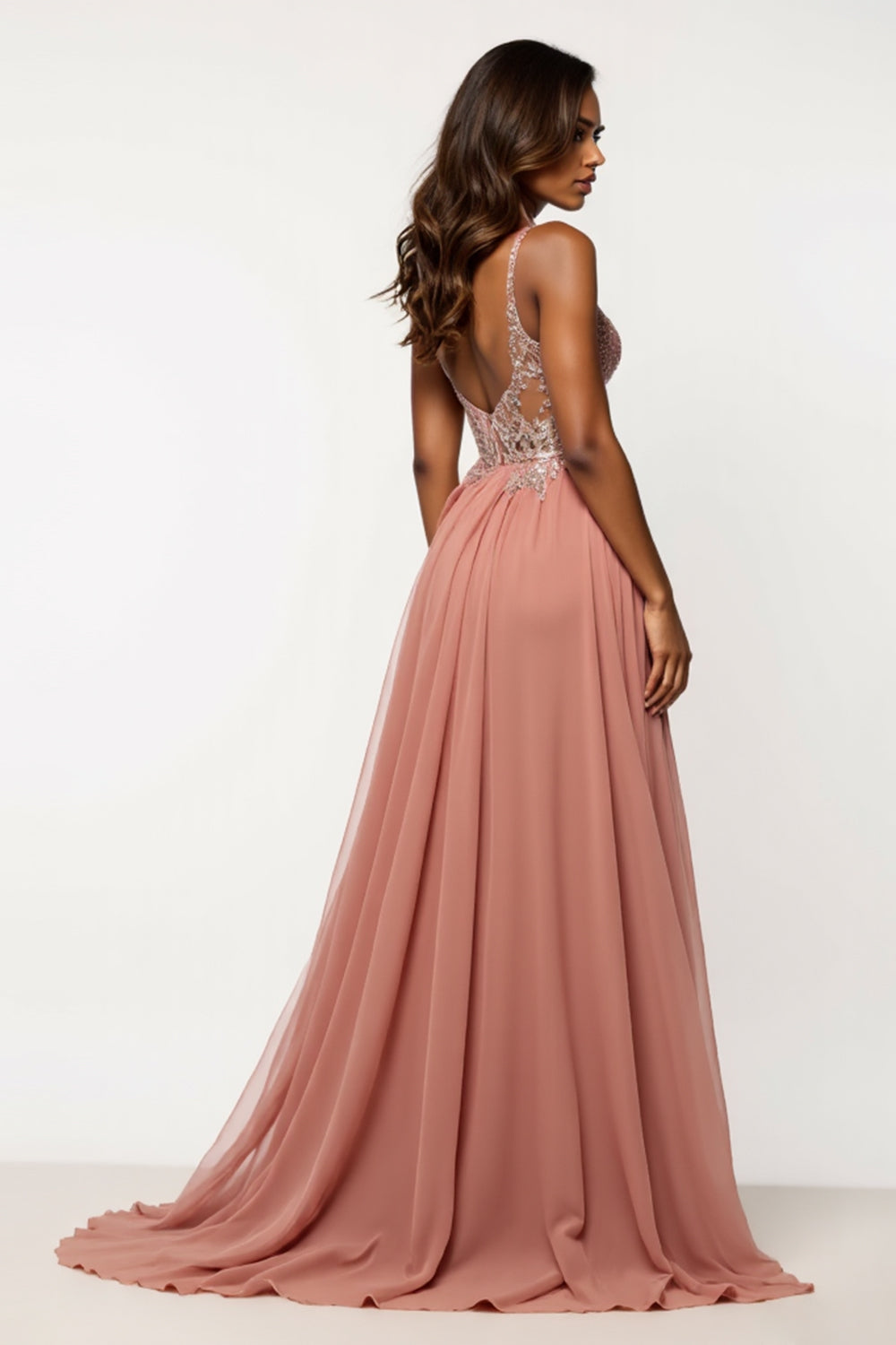 Dusty Rose A Line Tulle V-Neck Maxi Prom Dress with Sequins