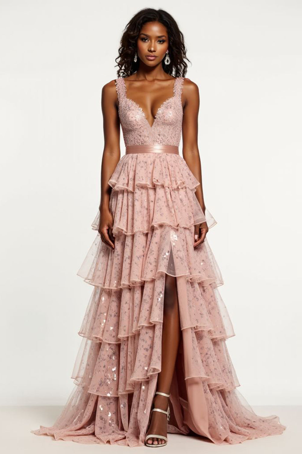 Glitter Dusty Rose A Line Tiered Long Prom Dress with Sequins