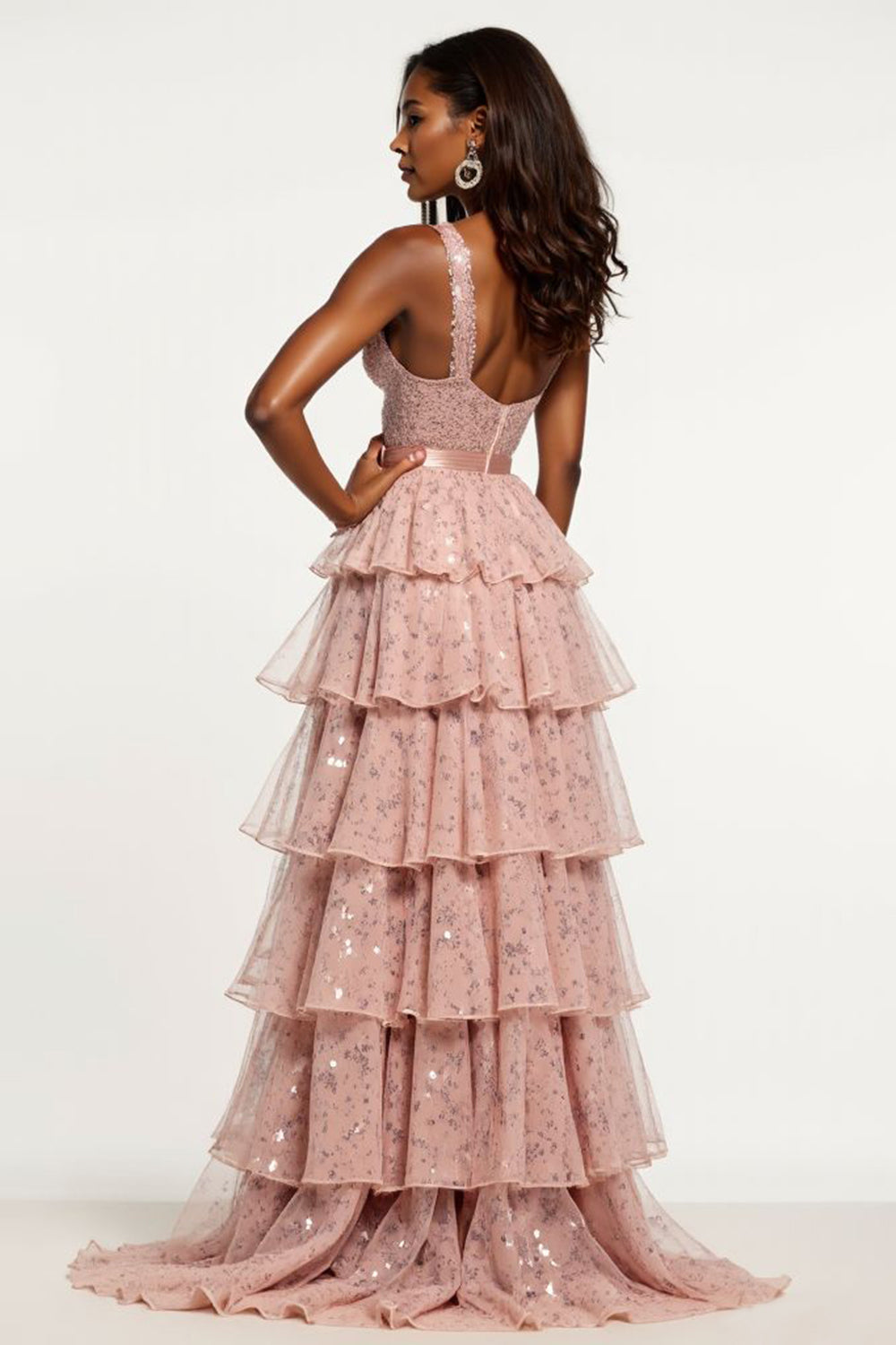 Glitter Dusty Rose A Line Tiered Long Prom Dress with Sequins