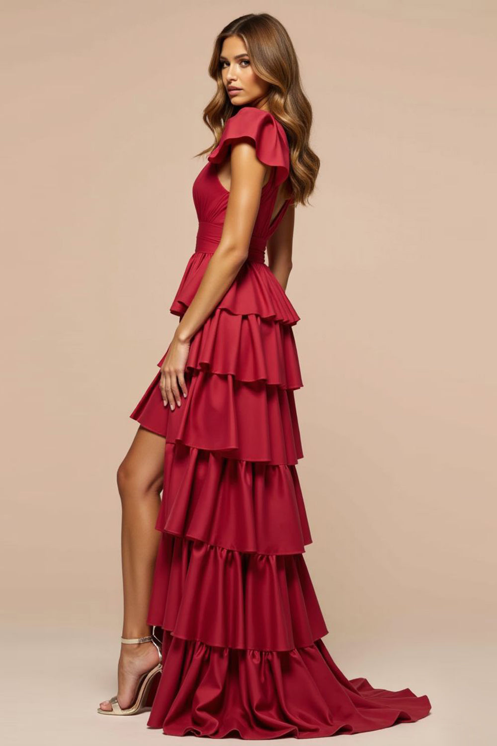 Dark Red A Line V Neck Satin Tiered Long Prom Dress with Slit