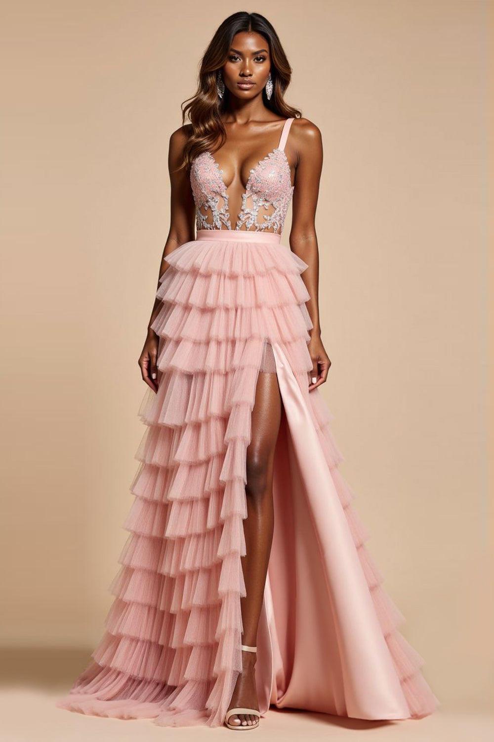 Blush Pink A Line Tulle Tiered Applique Long Prom Dress with Slit