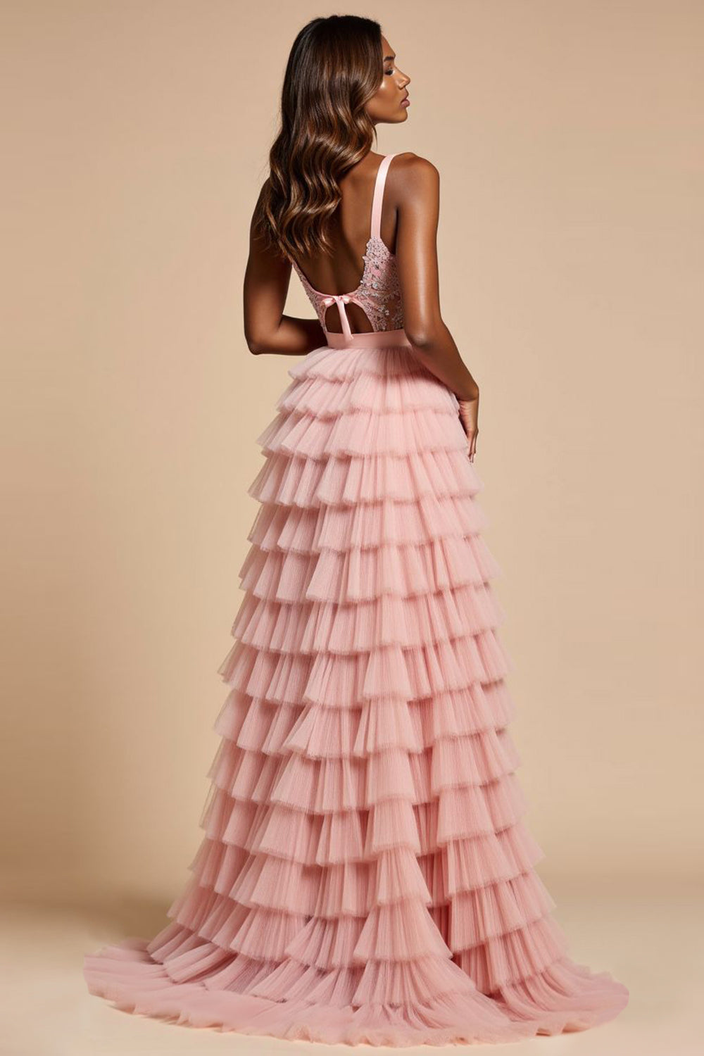 Blush Pink A Line Tulle Tiered Applique Long Prom Dress with Slit