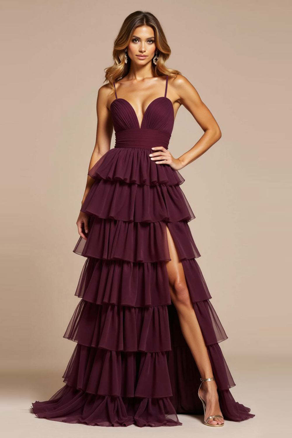 Leely Women Purple A Line Tiered Long Prom Dress with Silt V-Neck Backless Spaghetti Straps Long Formal Dress