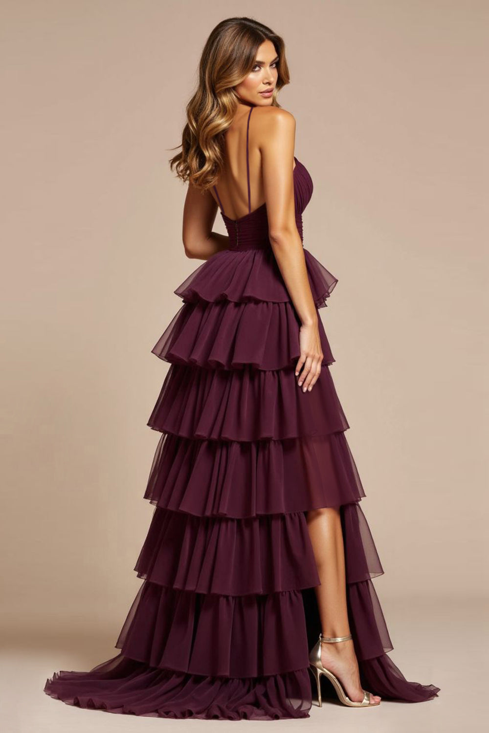 Purple A Line Tiered Spaghetti Straps Long Prom Dress with Slit