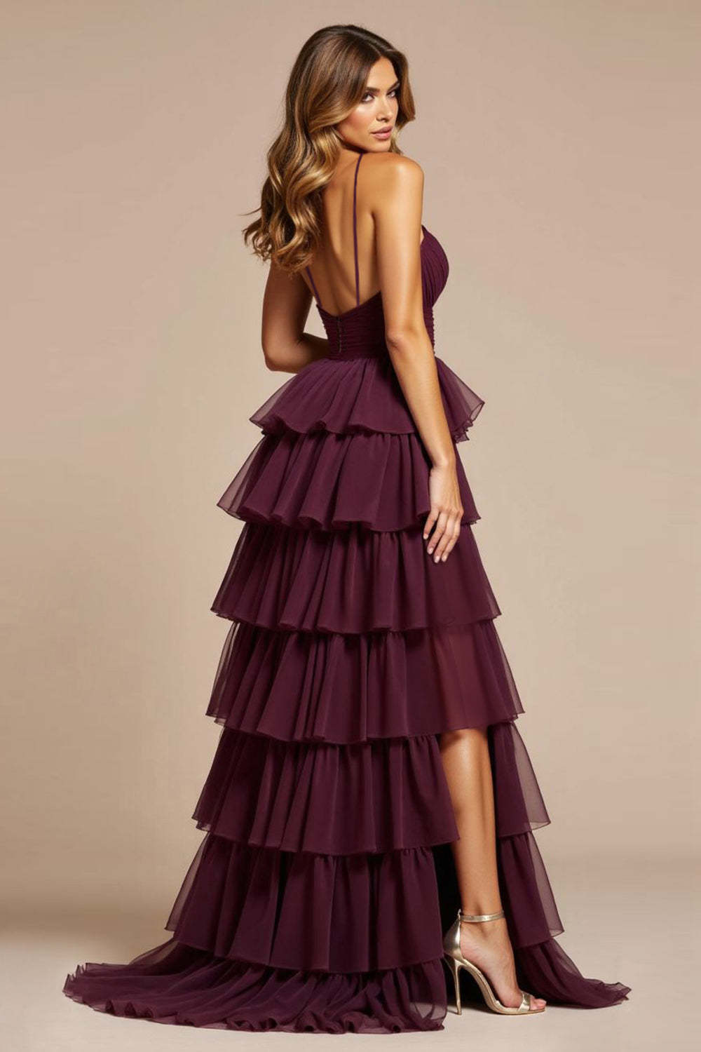 Purple A Line Tiered Spaghetti Straps Long Prom Dress with Slit