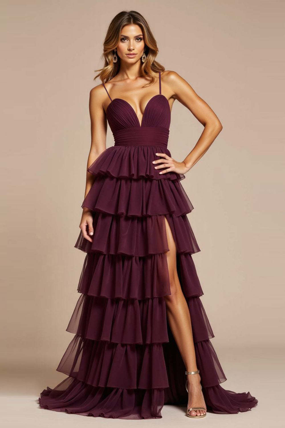 Purple A Line Tiered Spaghetti Straps Long Prom Dress with Slit