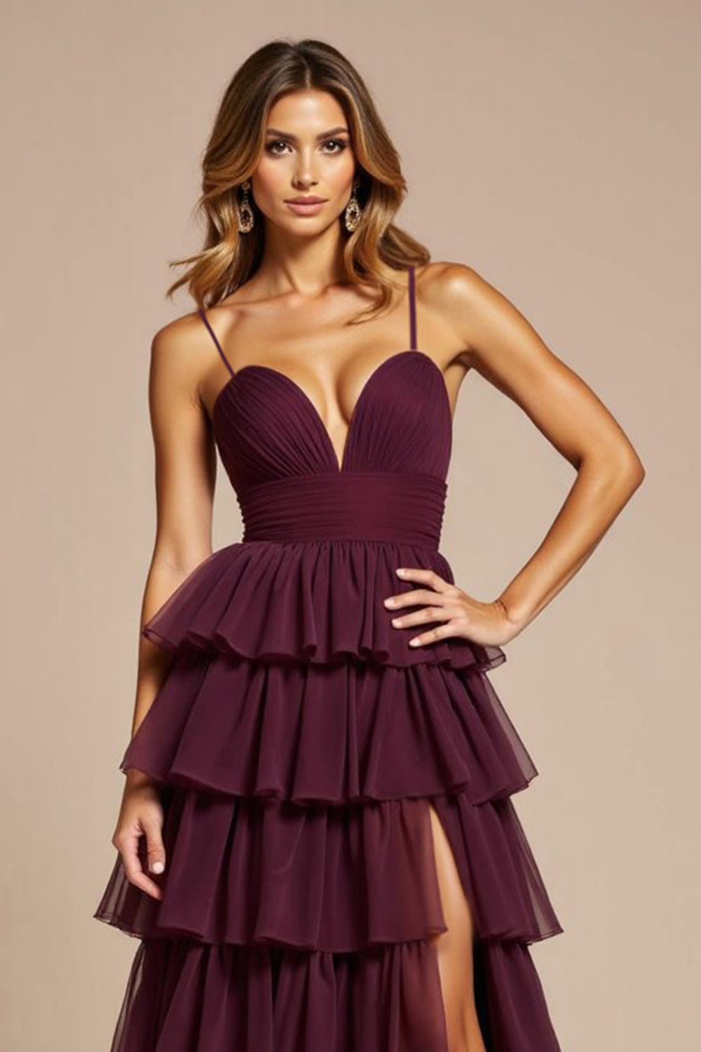 Purple A Line Tiered Spaghetti Straps Long Prom Dress with Slit