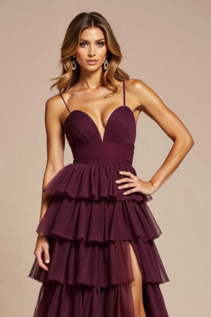 Purple A Line Tiered Spaghetti Straps Long Prom Dress with Slit