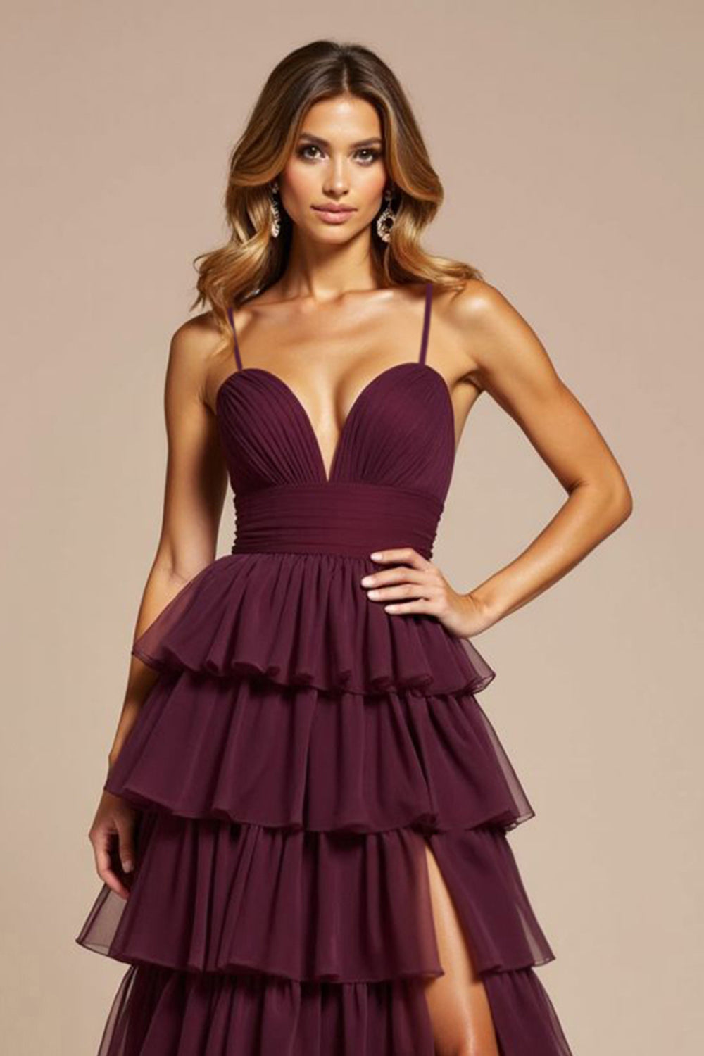 Purple A Line Tiered Spaghetti Straps Long Prom Dress with Slit