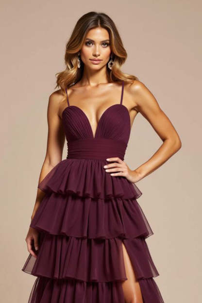 Purple A Line Tiered Spaghetti Straps Long Prom Dress with Slit